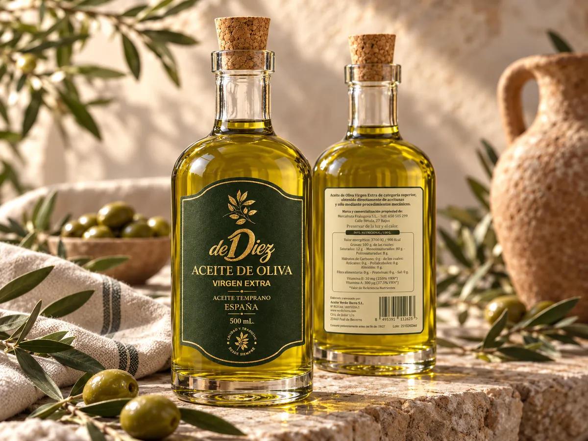 Botellas de aceite de oliva de Diez con etiqueta impresa