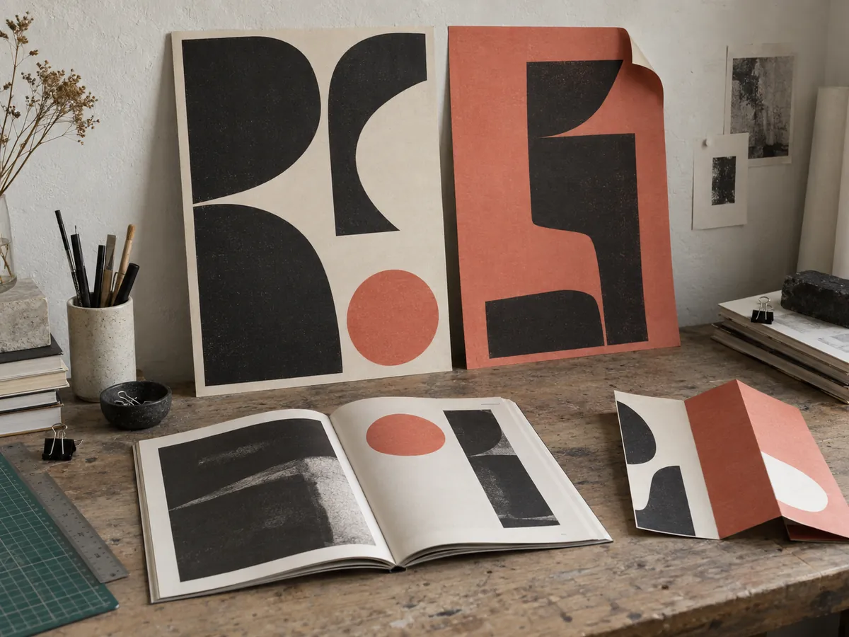 Catálogo y carteles de una exposición con composición gráfica abstracta