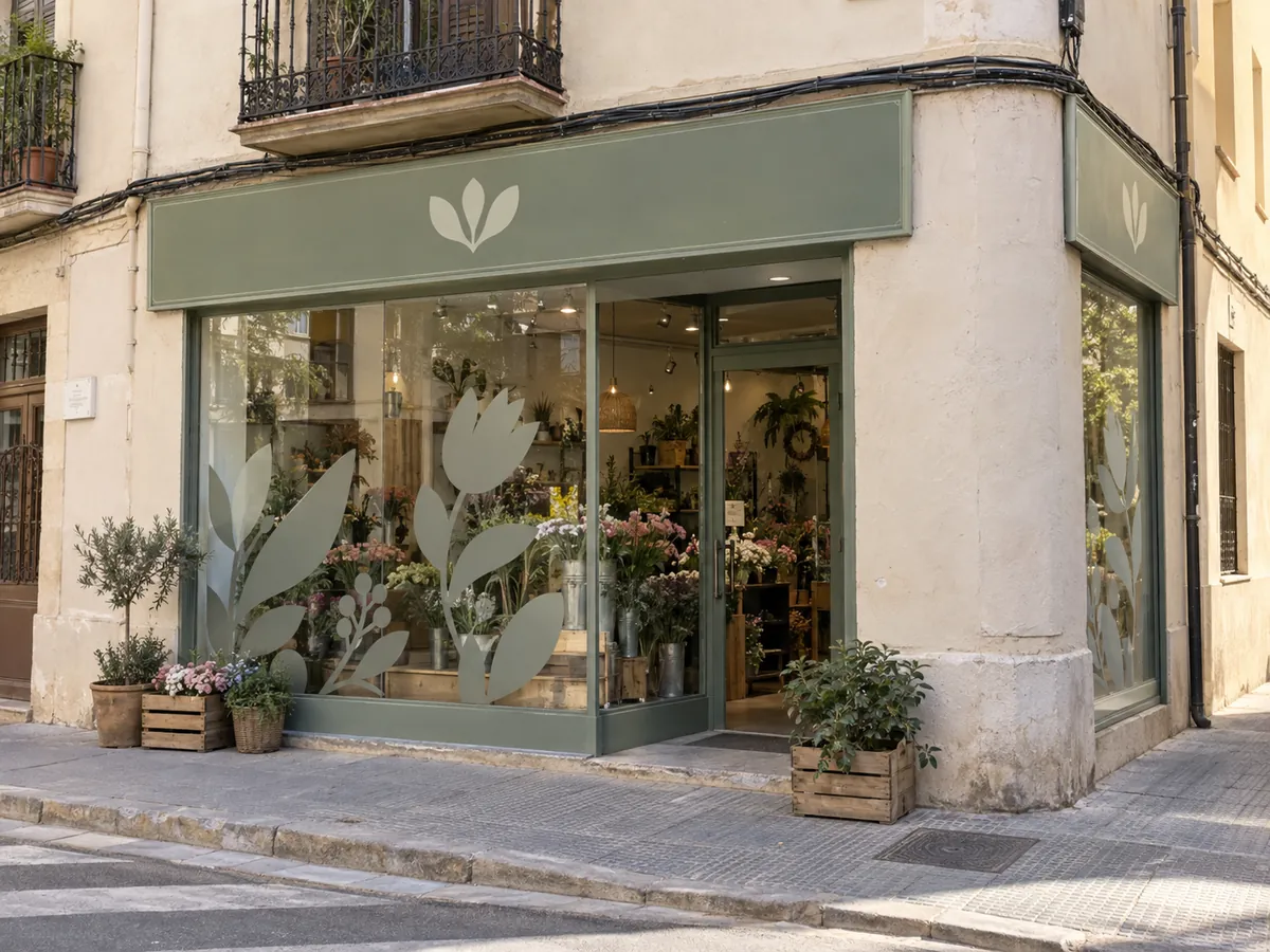 Fachada de floristería con rótulo y vinilos vegetales en el escaparate
